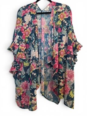 Umgee Teal Floral Sheer Open-Front Kimono with Pink & Yellow Blooms
